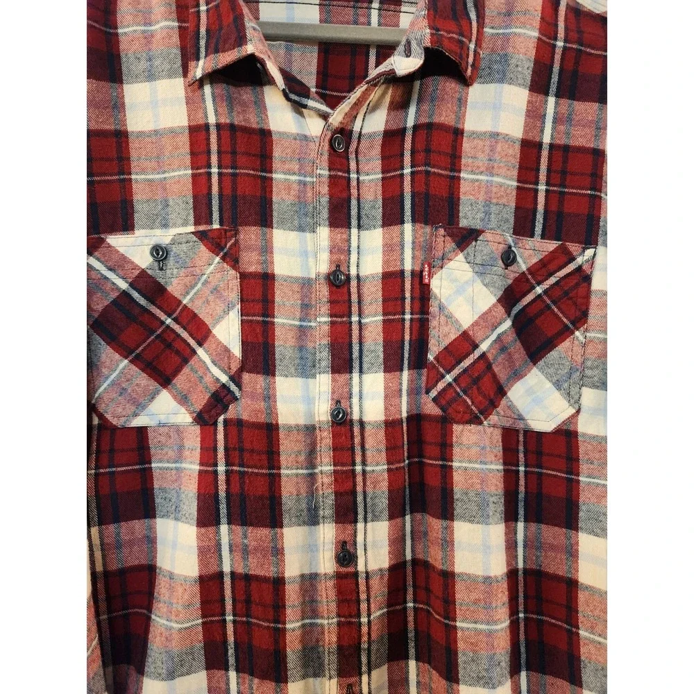 Levis Mens Red‎ White Blue Plaid Flannel Button Down Shirt XL Long Sleeve Casual